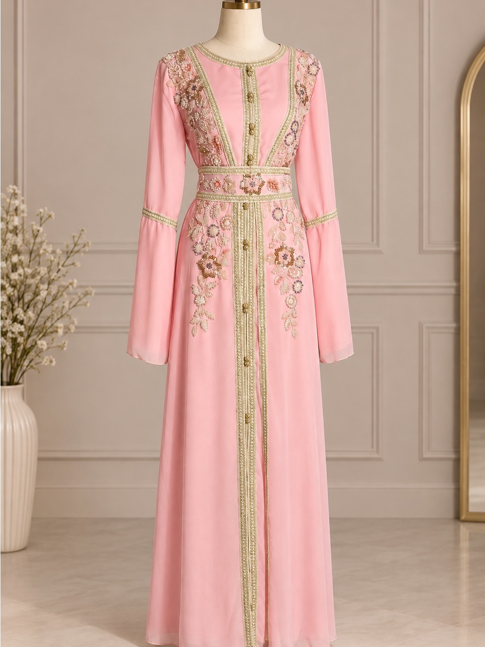 Elegant Pink Embroidered Long Sleeve Dress